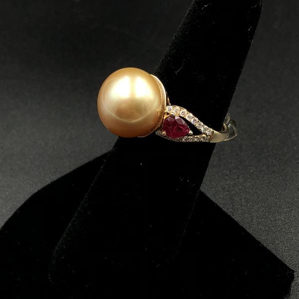 12.5mm Golden South Sea Pearl Ring with .95ctw Rubies and Diamonds