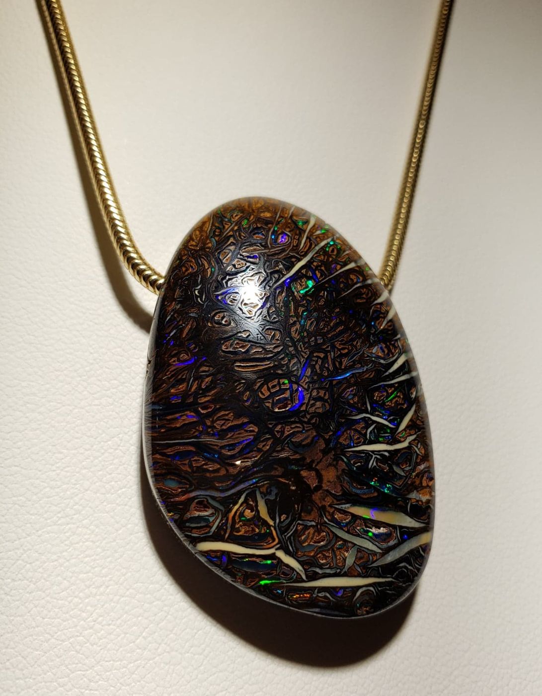 124ct Koroit Boulder Opal Pendant with 14kt Gold 2mm Snake Chain