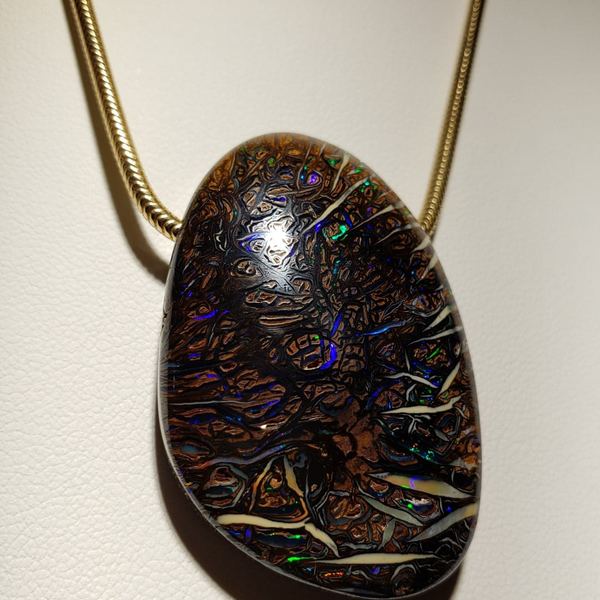 124ct Koroit Boulder Opal Pendant with 14kt Gold 2mm Snake Chain