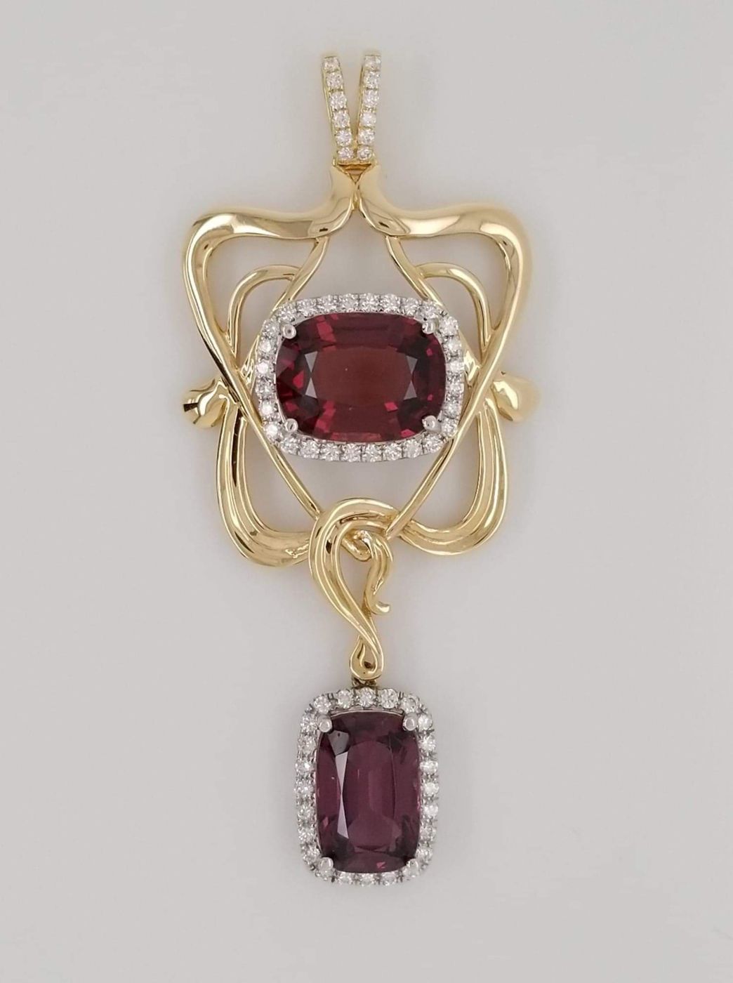 Very Rare 2 Stone Burmese Spinel Pendant with Diamonds in 14kt Yellow Gold