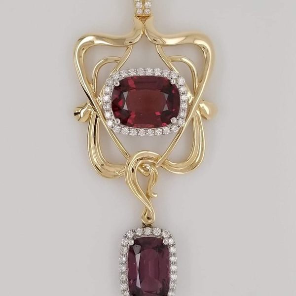 Very Rare 2 Stone Burmese Spinel Pendant with Diamonds in 14kt Yellow Gold