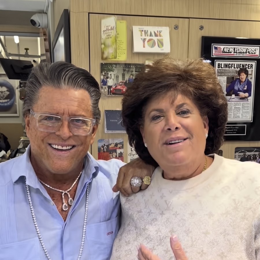 Joe Pacetti with Kerri Lavine at her Diamond District counter, wearing the yellow diamond and the dome ring
