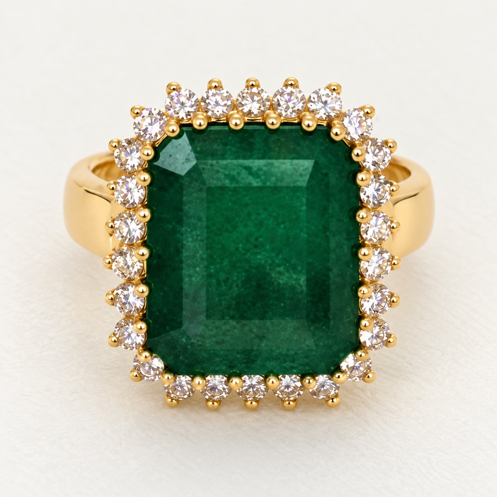 7 carat Brazilian emerald ring in 14kt yellow gold with a halo of natural F-G VS1 diamonds, the finished ring from the CAD sheet above