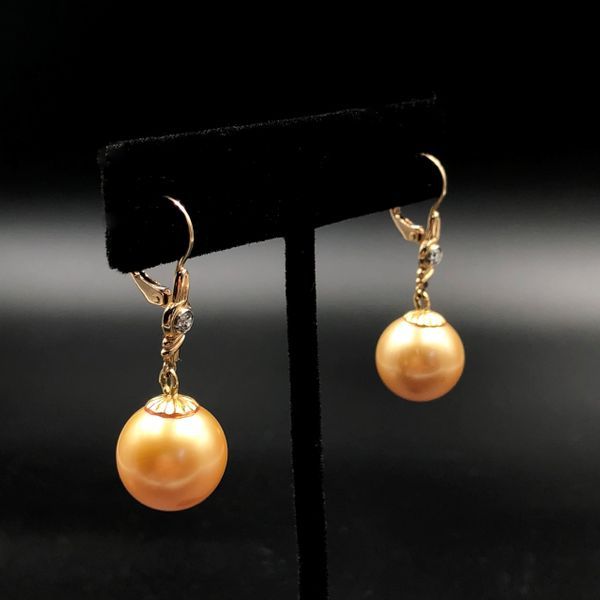 Beautiful Rare 12.5mm Golden South Sea Pearl and Diamond Drop Earrings