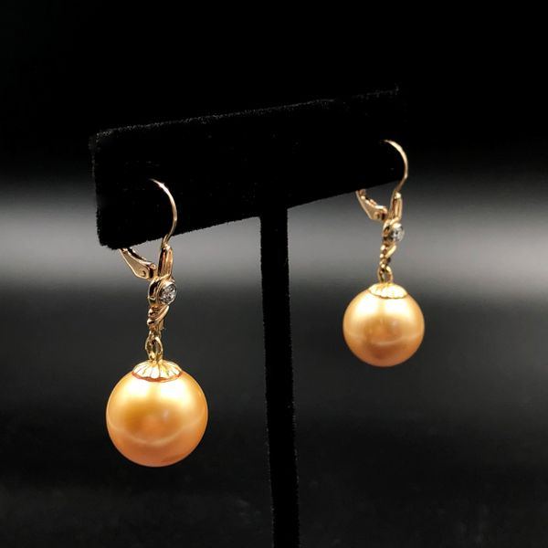 Beautiful Rare 12.5mm Golden South Sea Pearl and Diamond Drop Earrings