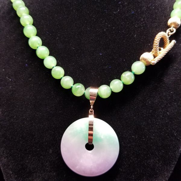 Bi-Color Lavender and Green Jadeite Pendant in 14kt Gold on Jade Bead Necklace