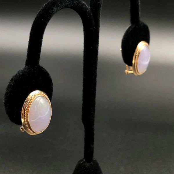 Burmese 13ctw Lavender Jadeite bezel Earrings set in 14kt Yellow Gold