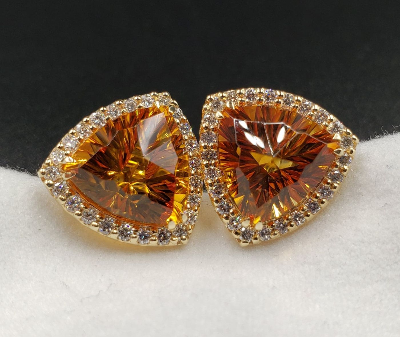 New Earrings with 8ct Total Weight Madeira Citrine Trillions Cut by Mark Gronlund with 1ct SI1 G Color Diamonds