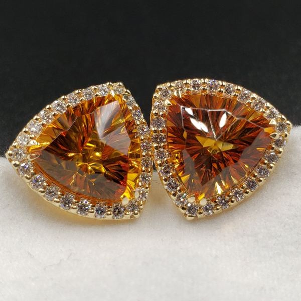 New Earrings with 8ct Total Weight Madeira Citrine Trillions Cut by Mark Gronlund with 1ct SI1 G Color Diamonds