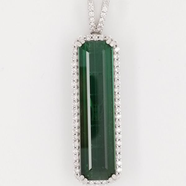 Flawless 20.81ct Chrome Green Octagonal Cut Tourmaline and Diamond Pendant