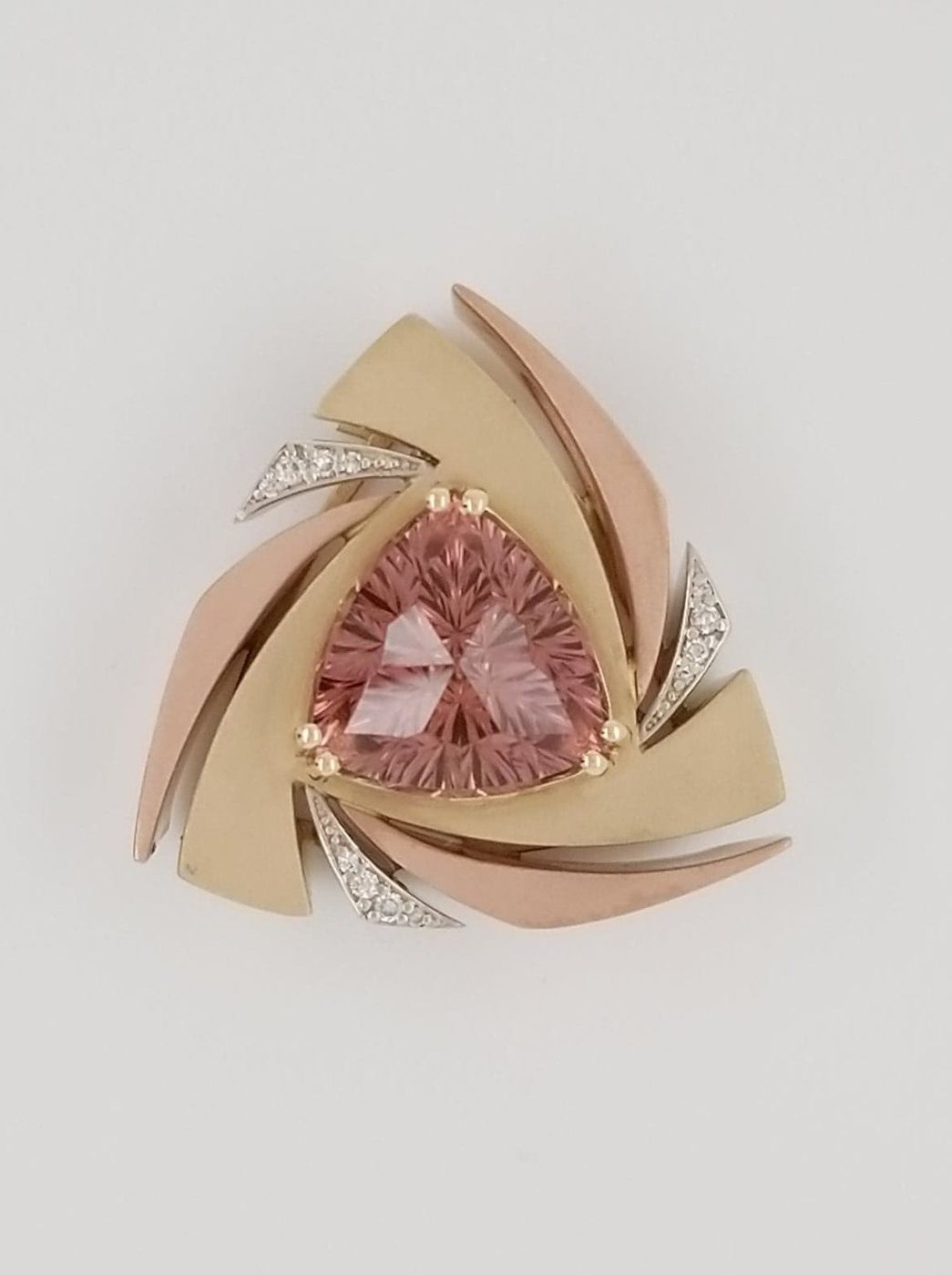 Nigerian Pink Tourmaline Pendant with a 7.93ct flawless stone Trillion Concave, Spiral, Brilliant Starburst cut by World Class Cutter Mark Gronlund