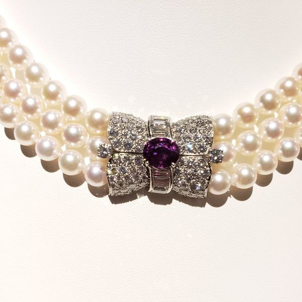 Three Strand 17 inch 6.5-7mm new AAA+ quality Akoya Pearl Necklace with Vintage Sapphire and Diamond Clasp