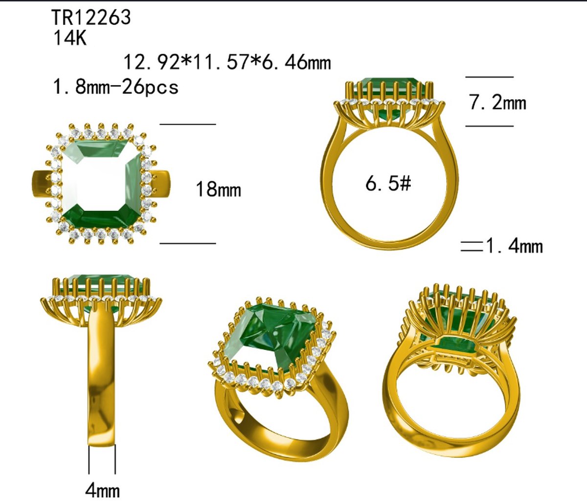 CAD approval sheet for a custom ring: 14kt gold emerald-cut halo ring shown from five angles with stone size, diamond count, ring size and shank measurements