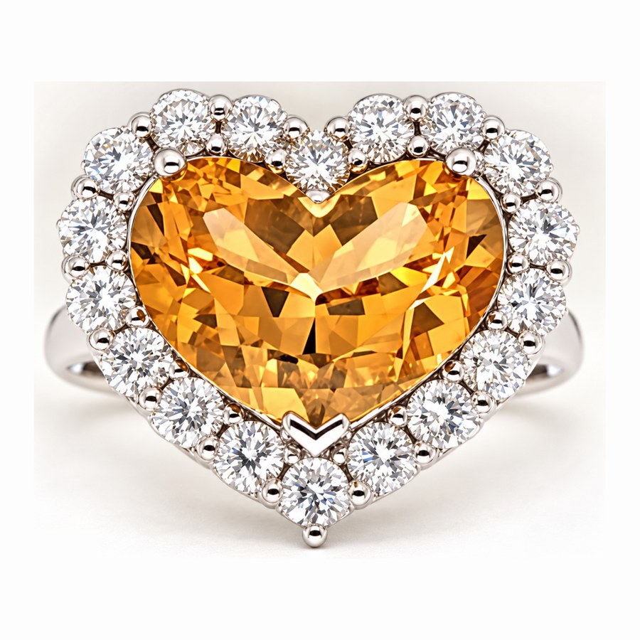 Heart-shaped citrine ring with a diamond halo in white gold, custom made by Marc Merritt