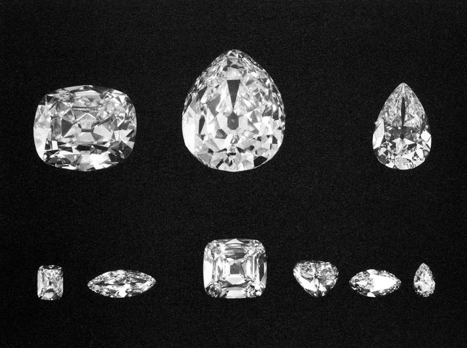 The nine major stones cut from the rough Cullinan diamond, photographed in 1908