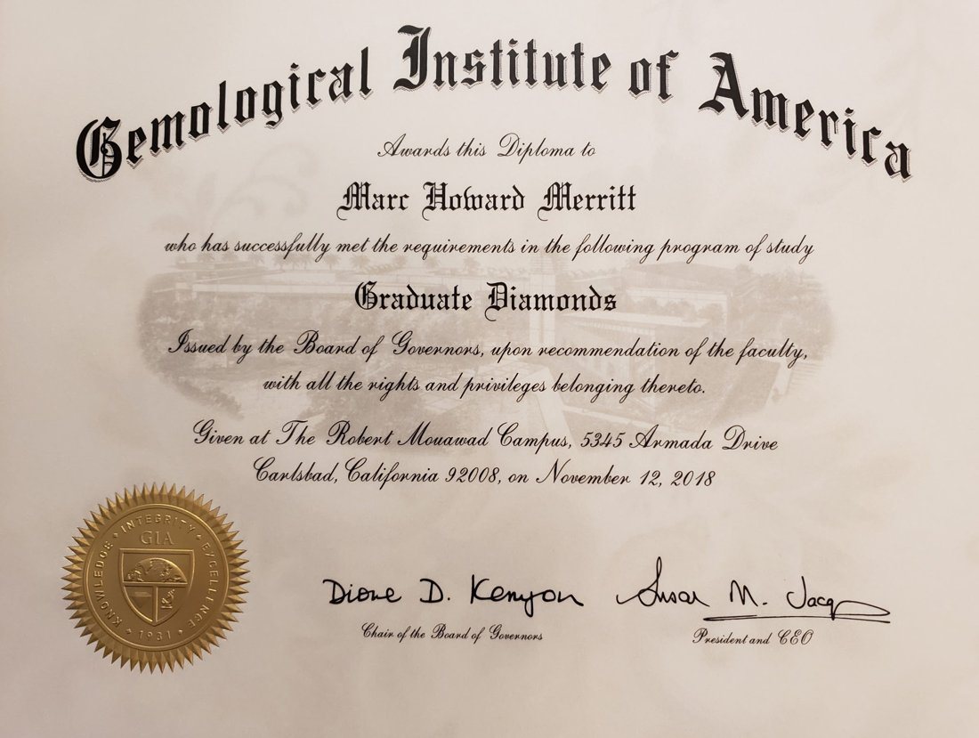 GIA Graduate Diamonds diploma awarded to Marc Howard Merritt, November 2018