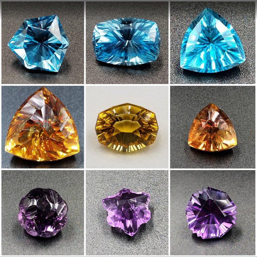 Nine designer-cut gemstones by Mark Gronlund: amethyst, citrine, blue topaz, tourmaline, peridot and beryl