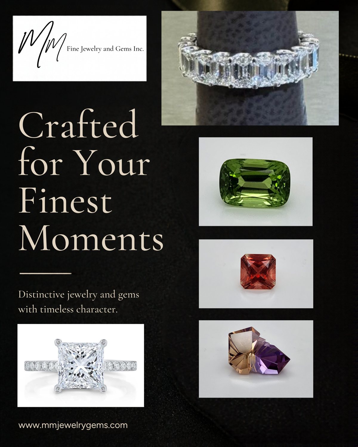 Crafted for your finest moments: emerald-cut diamond eternity band, green tourmaline, sunstone, Munsteiner ametrine and a princess-cut diamond ring from MM Fine Jewelry and Gems