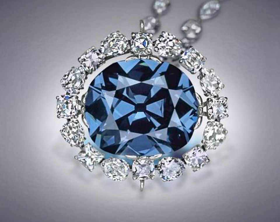 The Hope Diamond, a 45.52 carat deep blue diamond surrounded by white diamonds, at the Smithsonian