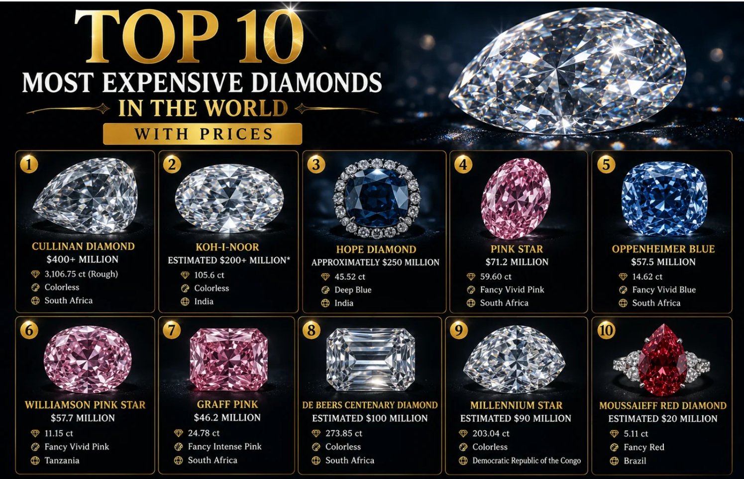 Infographic: top 10 most expensive diamonds in the world with prices