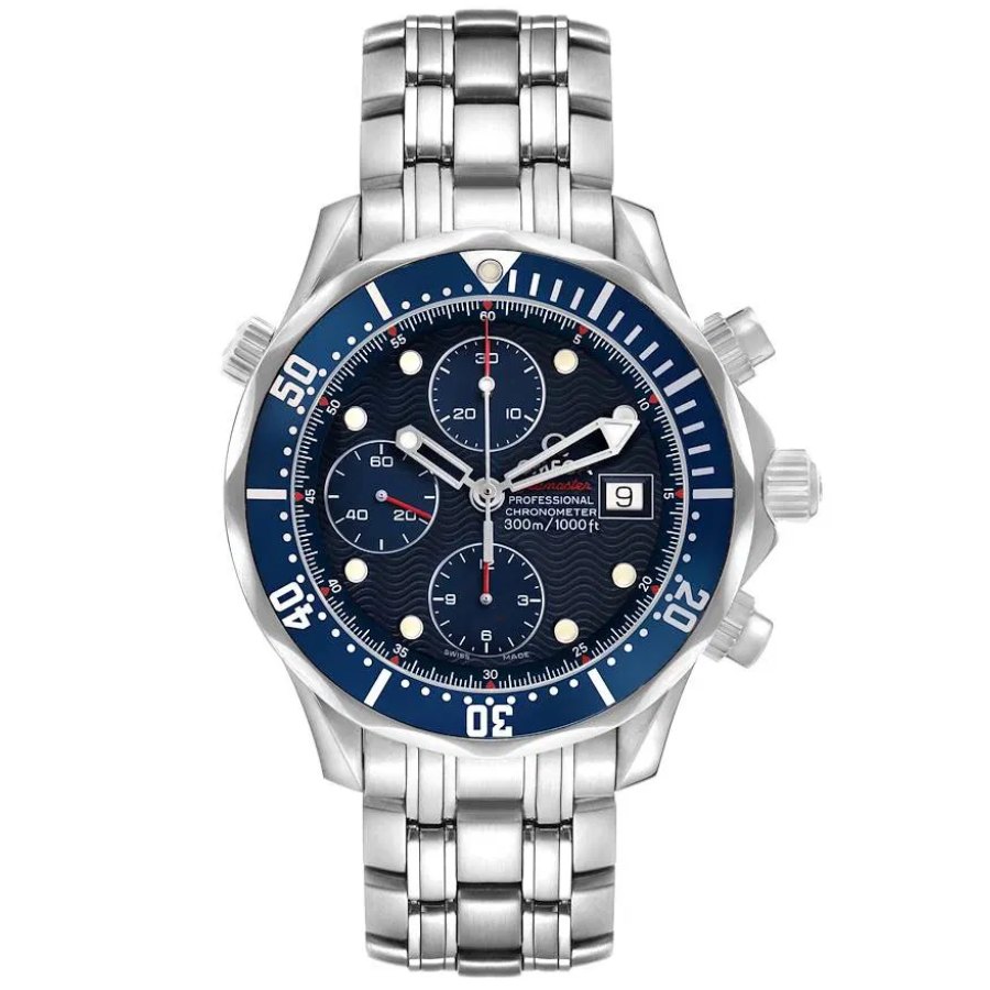Omega Seamaster Professional 300M chronograph with blue wave dial on a steel bracelet