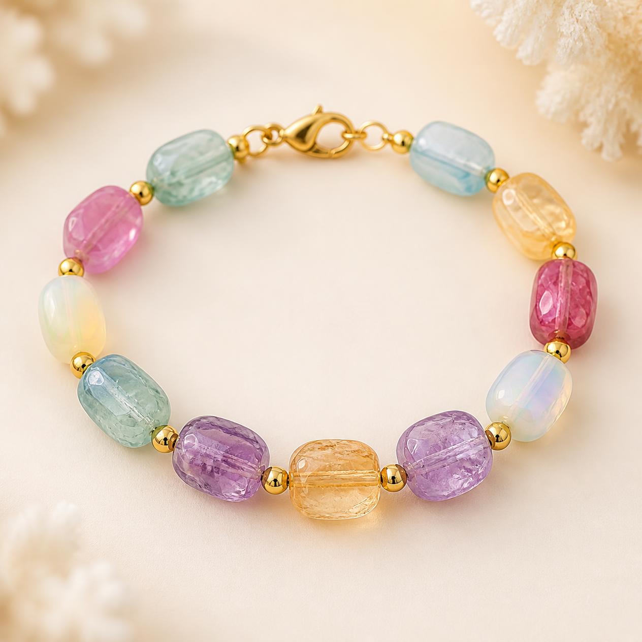 Bracelet of multicolor tourmaline, aquamarine, amethyst, citrine and opal beads with gold spacers