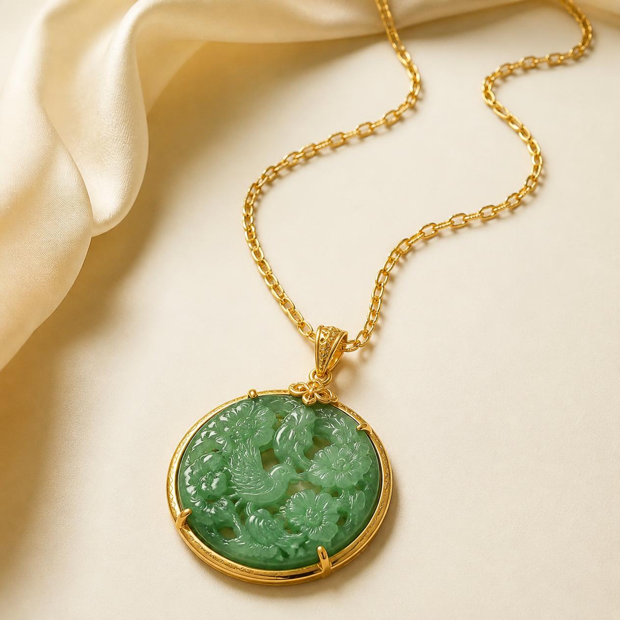 Carved green jade disc pendant framed in yellow gold on a long chain
