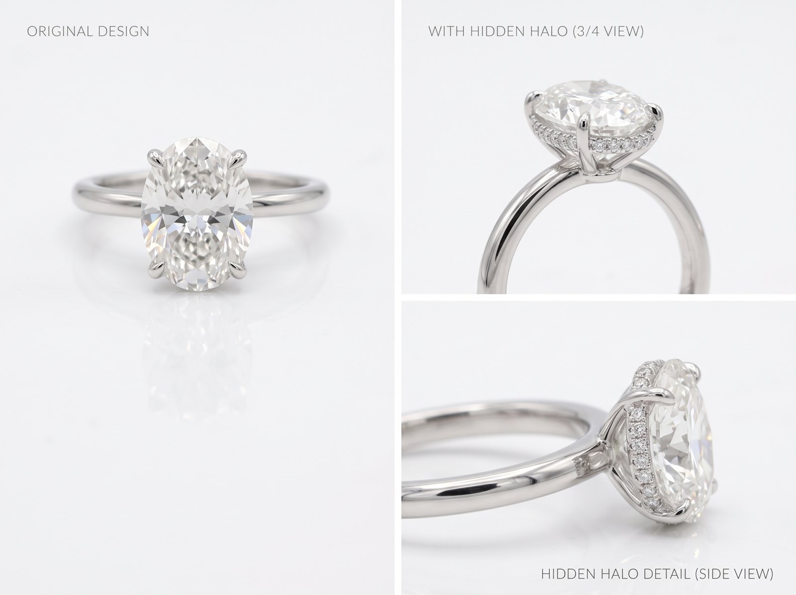 Oval diamond solitaire with a hidden halo, a 2026 engagement ring trend