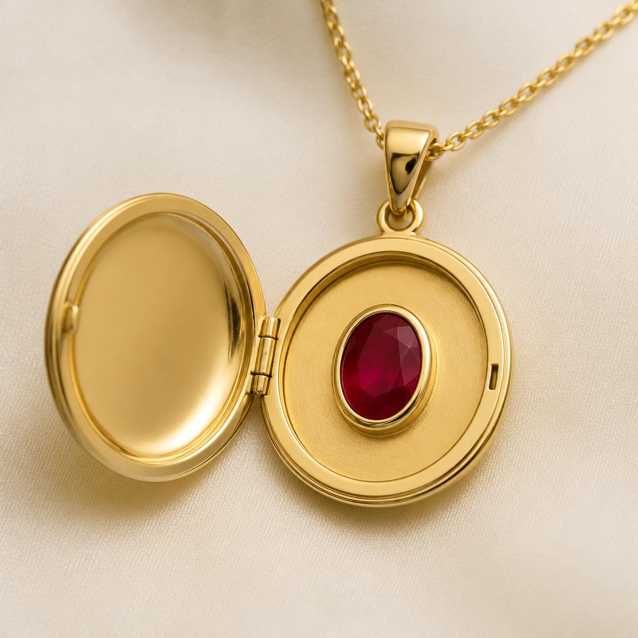Yellow gold locket open to show a bezel-set ruby inside