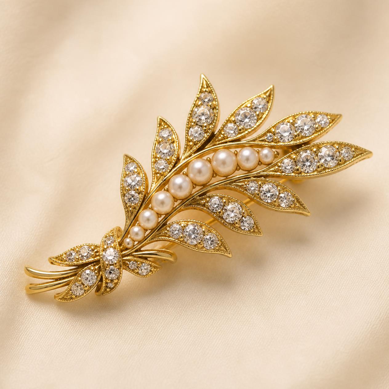 Vintage-style gold leaf spray brooch with old-cut diamonds and pearls